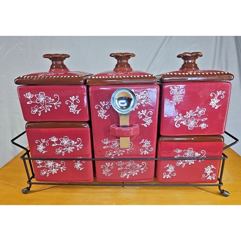 Temp-tations Floral Lace Red 5 Canister Set w Rack 10 Pc Ceramic Kitchen
